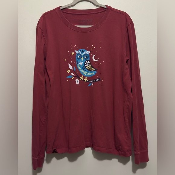 Life Is Good Women’s Crew Neck Owl Graphic Crusher L/S Cranberry Tee 2XL - Picture 1 of 4
